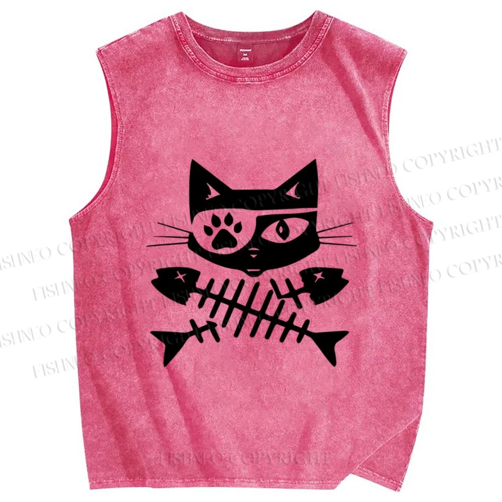 Unisex Eye Petch Cat Fish Bone Printed Washed Tank Top