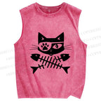 Unisex Eye Petch Cat Fish Bone Printed Washed Tank Top