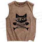 Unisex Eye Petch Cat Fish Bone Printed Washed Tank Top