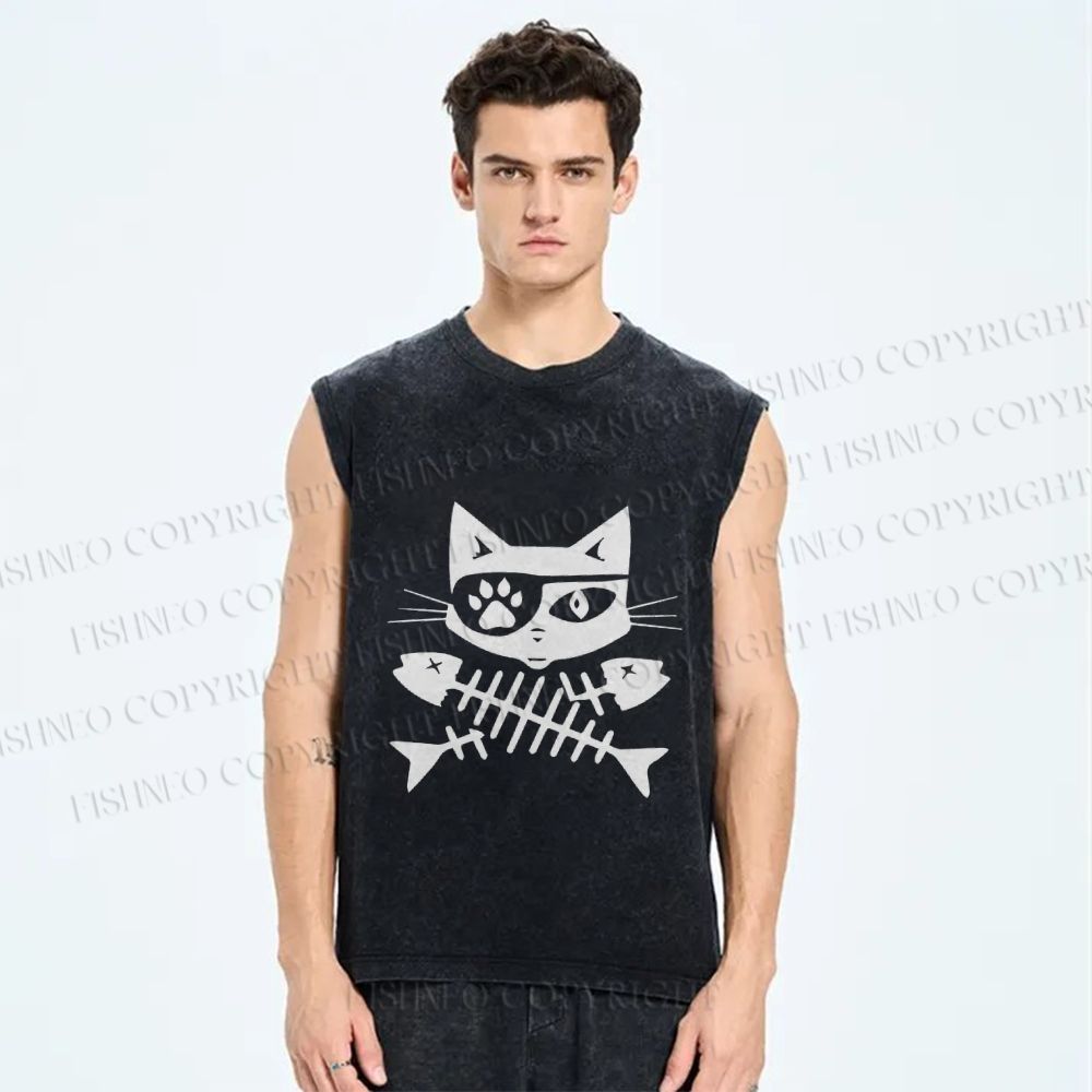 Unisex Eye Petch Cat Fish Bone Printed Washed Tank Top