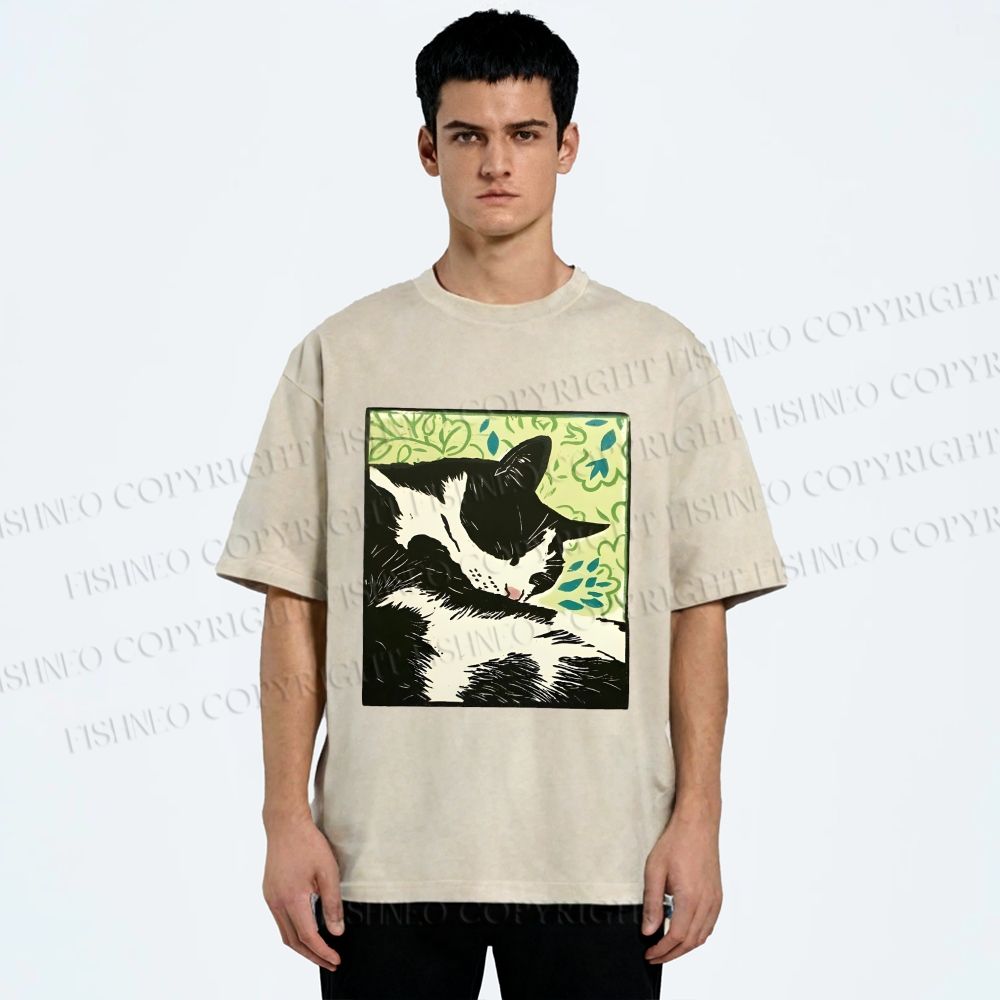 Unisex Vintage Cat Napping Printed Washed Tee
