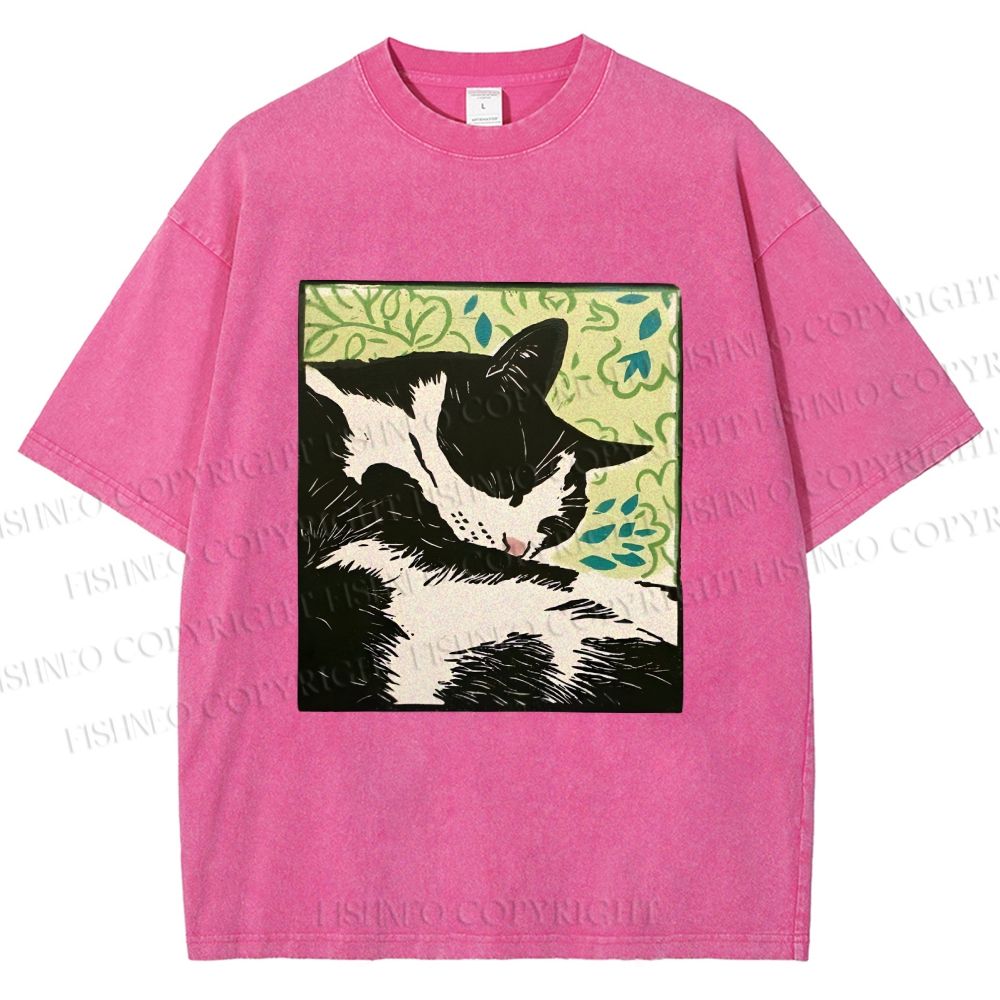 Unisex Vintage Cat Napping Printed Washed Tee