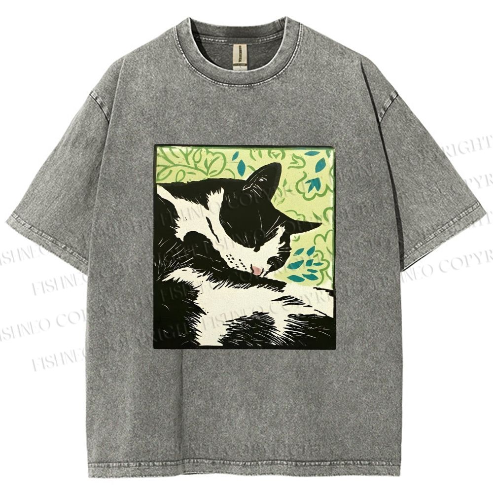 Unisex Vintage Cat Napping Printed Washed Tee