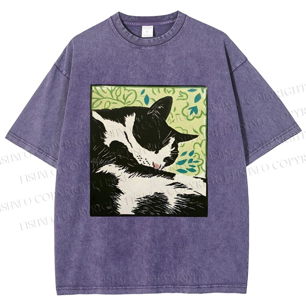Unisex Vintage Cat Napping Printed Washed Tee