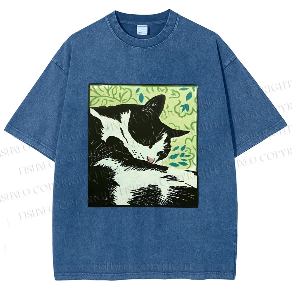 Unisex Vintage Cat Napping Printed Washed Tee