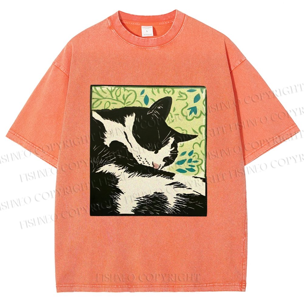 Unisex Vintage Cat Napping Printed Washed Tee
