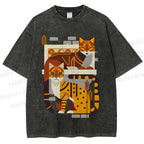 Unisex Line Art Cats Printed Washed Tee