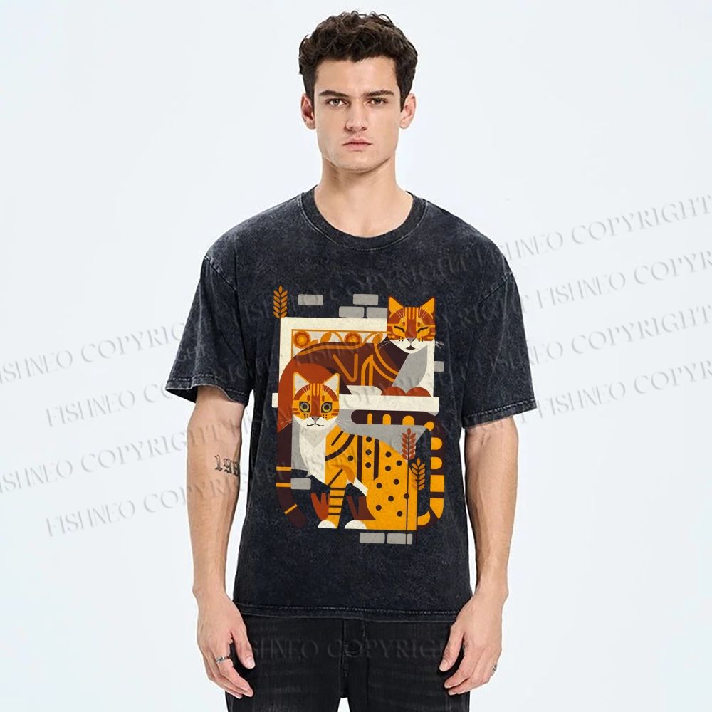 Unisex Line Art Cats Printed Washed Tee