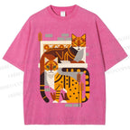 Unisex Line Art Cats Printed Washed Tee