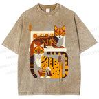 Unisex Line Art Cats Printed Washed Tee