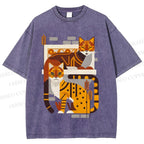 Unisex Line Art Cats Printed Washed Tee