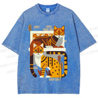 Unisex Line Art Cats Printed Washed Tee