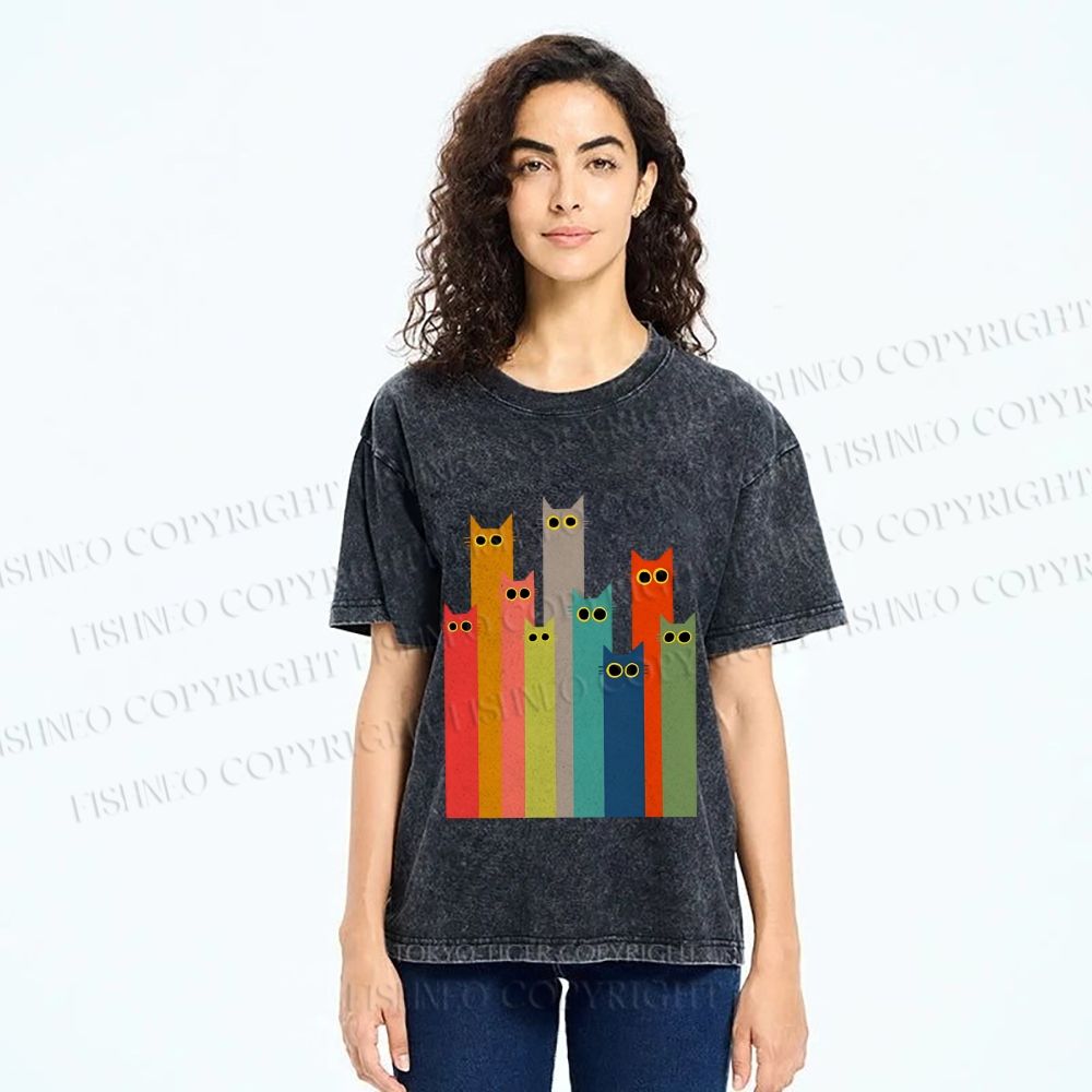Unisex Cats in Line Printed Washed Tee