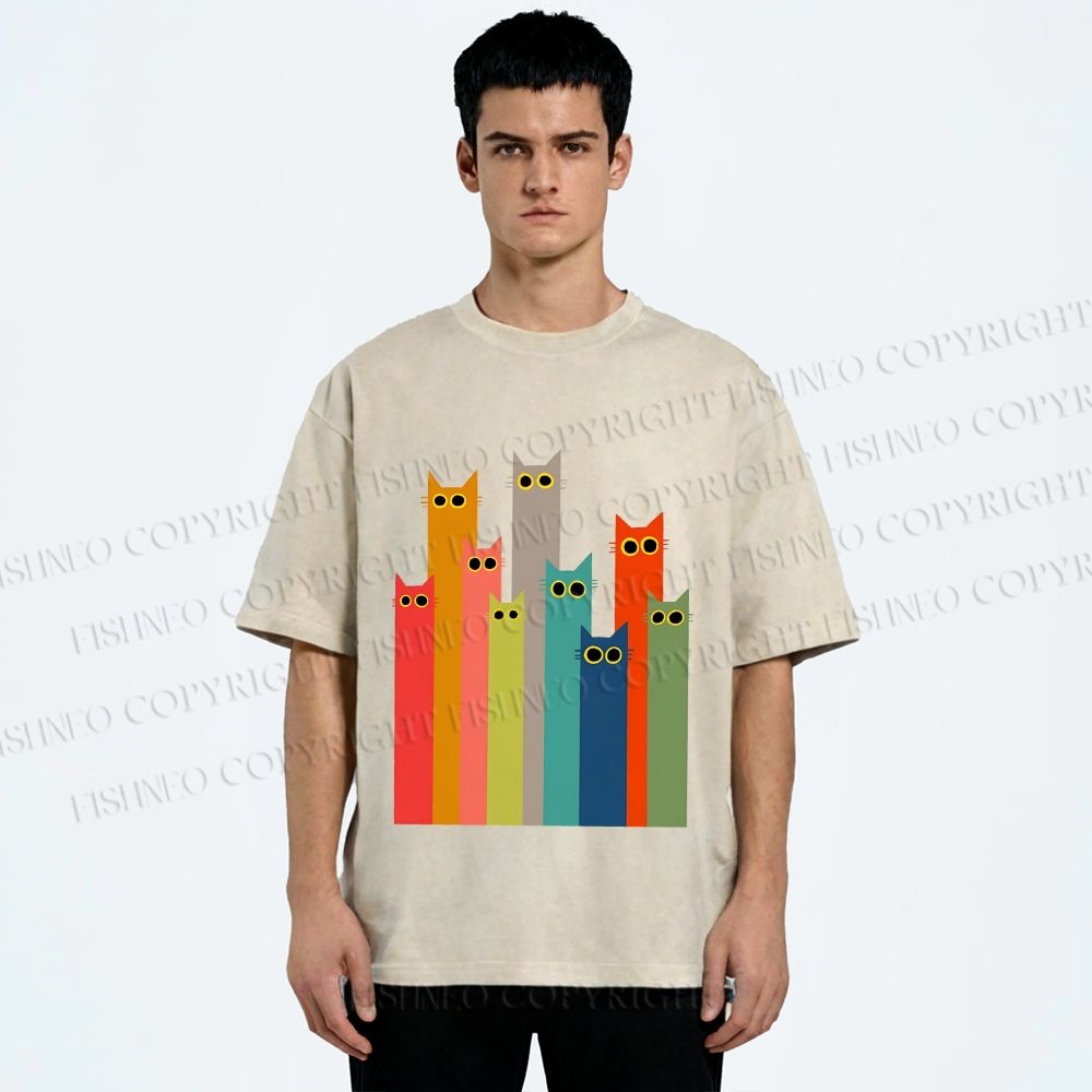 Unisex Cats in Line Printed Washed Tee