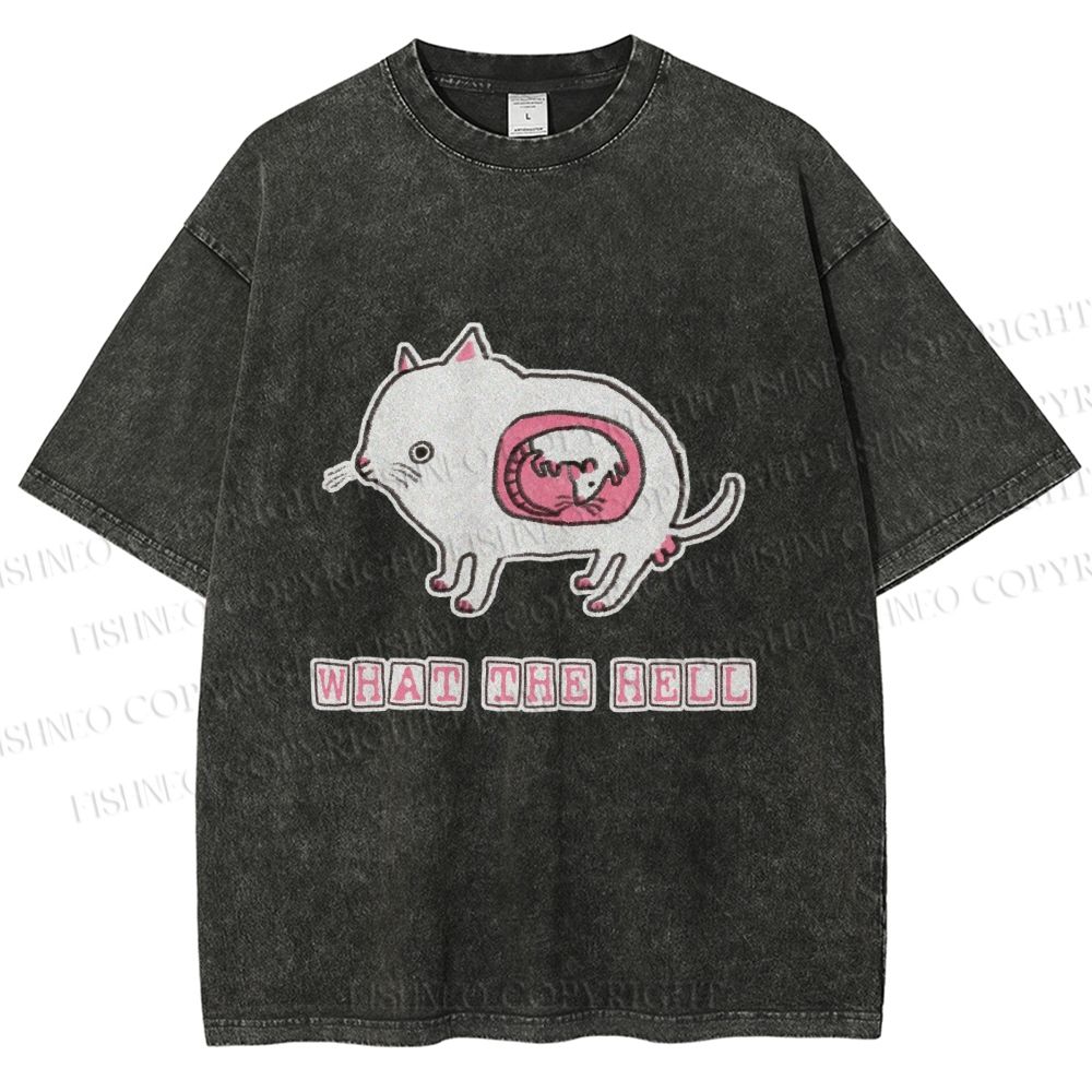 Unisex Rat in Cat What the Hell Printed Washed Tee