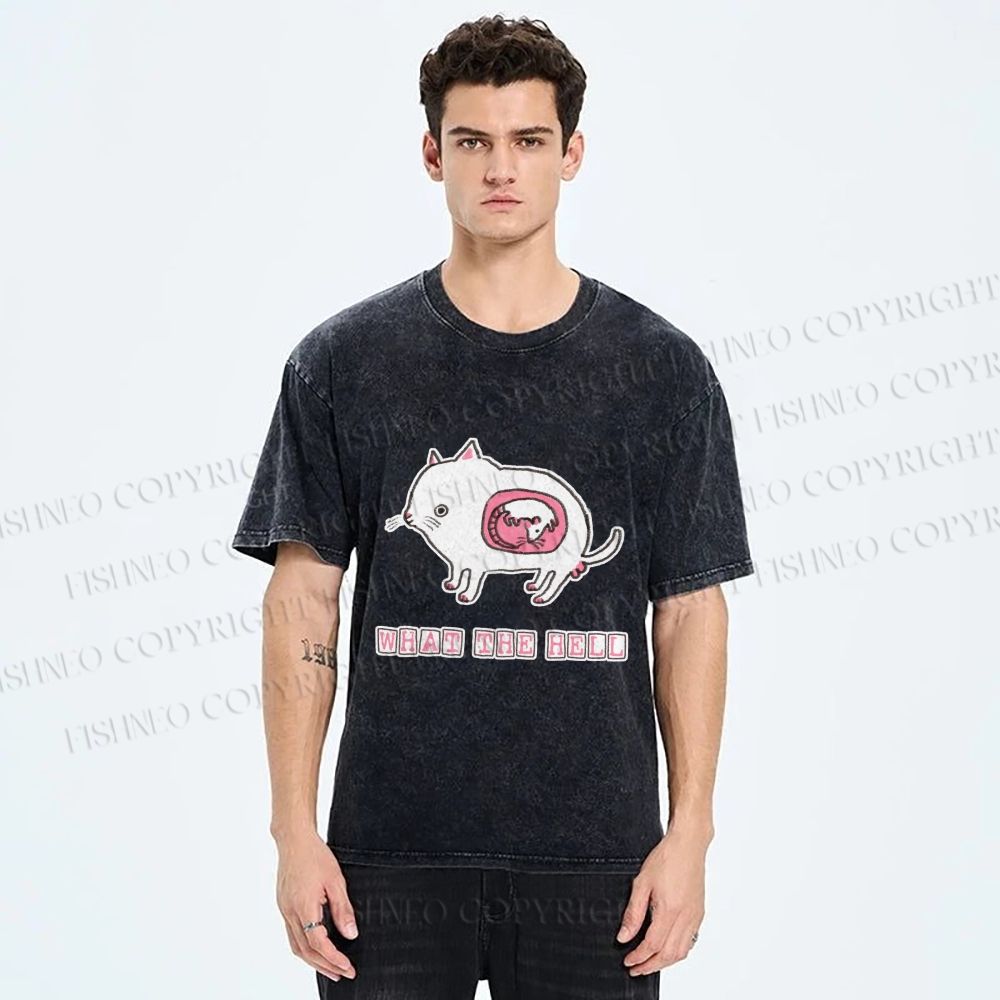 Unisex Rat in Cat What the Hell Printed Washed Tee