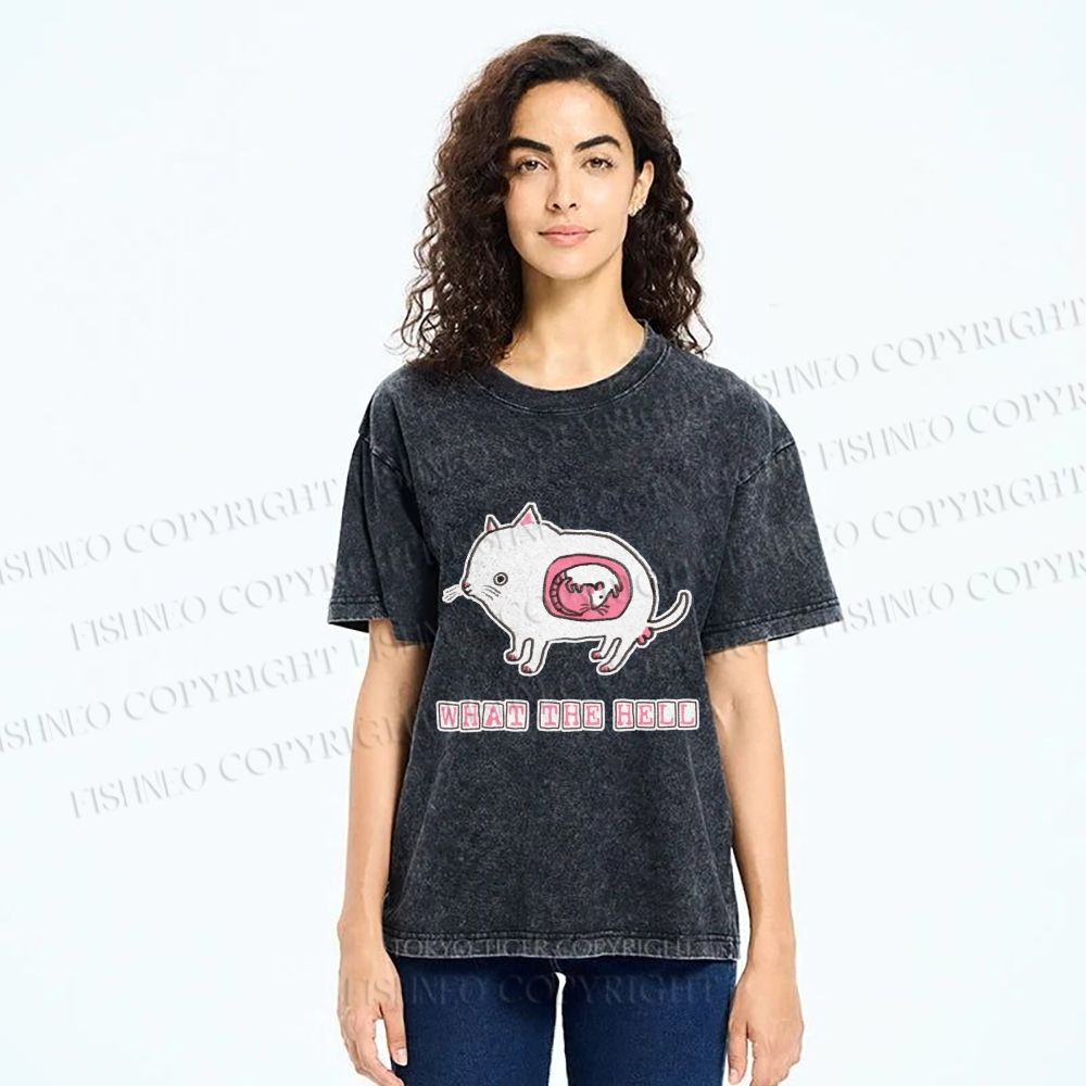 Unisex Rat in Cat What the Hell Printed Washed Tee