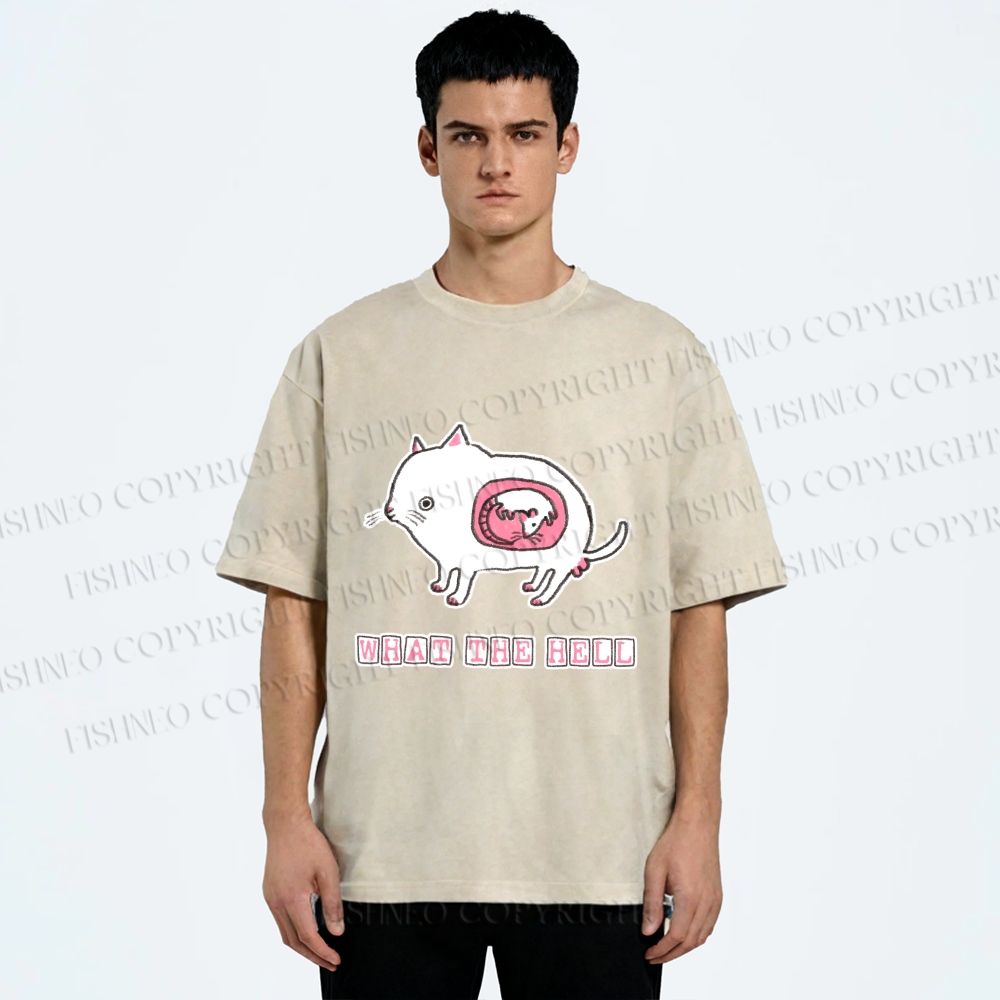 Unisex Rat in Cat What the Hell Printed Washed Tee