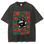 Unisex Black Cat in Flowers Printed Washed Tee