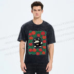 Unisex Black Cat in Flowers Printed Washed Tee