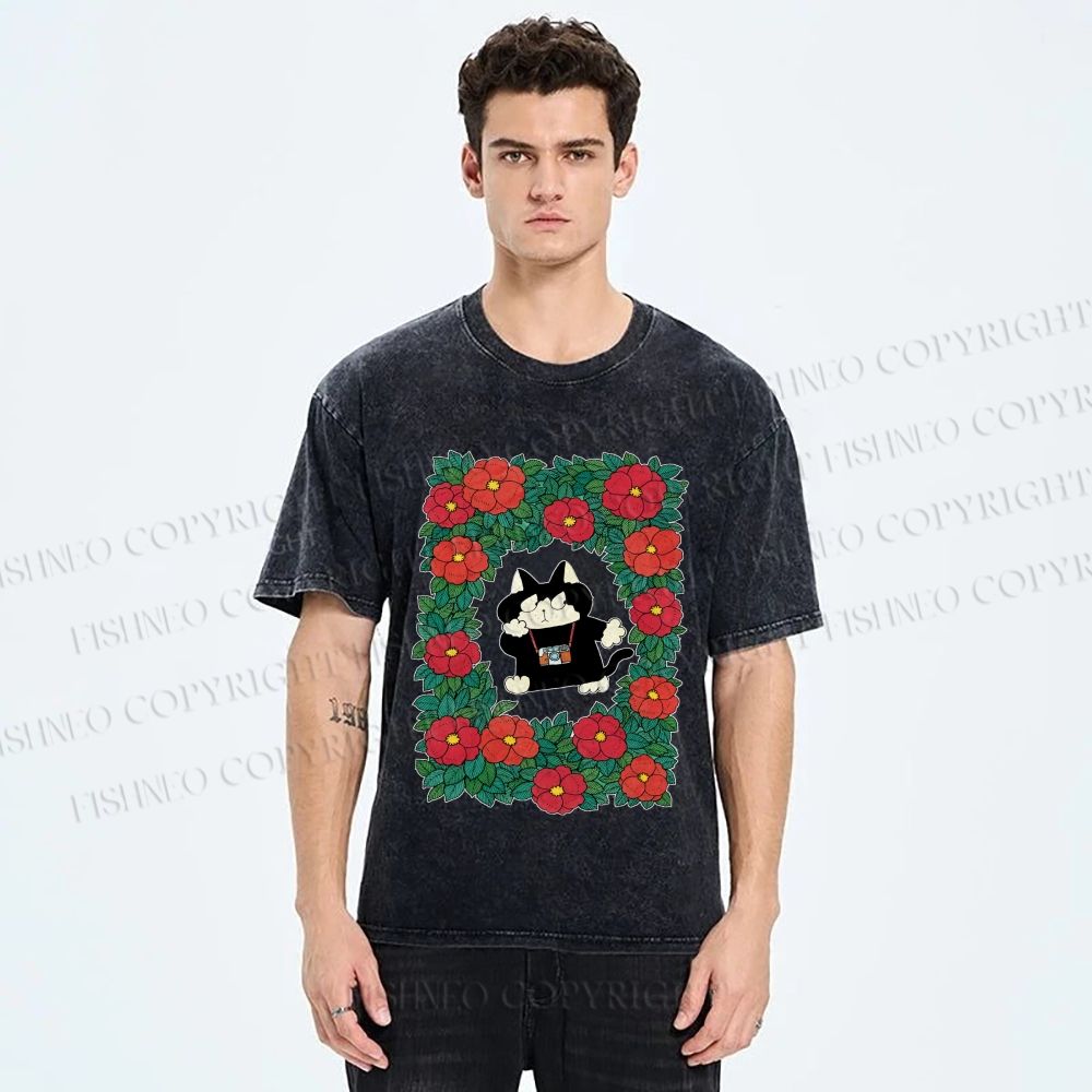 Unisex Black Cat in Flowers Printed Washed Tee