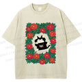 Unisex Black Cat in Flowers Printed Washed Tee