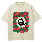 Unisex Black Cat in Flowers Printed Washed Tee