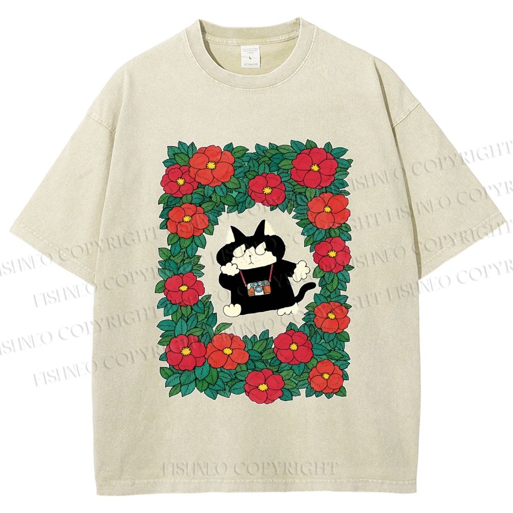 Unisex Black Cat in Flowers Printed Washed Tee