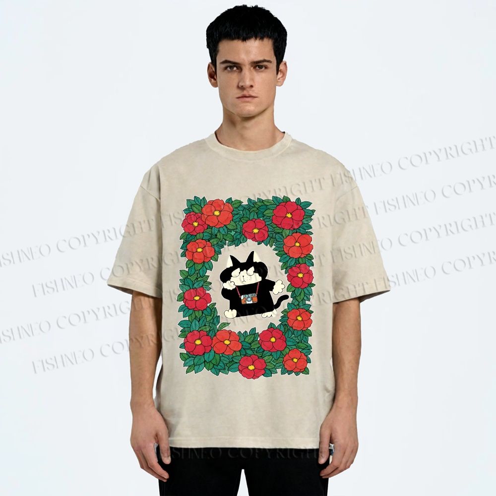 Unisex Black Cat in Flowers Printed Washed Tee