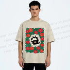 Unisex Black Cat in Flowers Printed Washed Tee