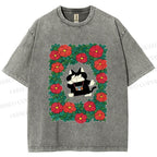 Unisex Black Cat in Flowers Printed Washed Tee