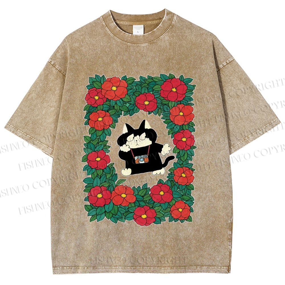 Unisex Black Cat in Flowers Printed Washed Tee