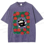Unisex Black Cat in Flowers Printed Washed Tee