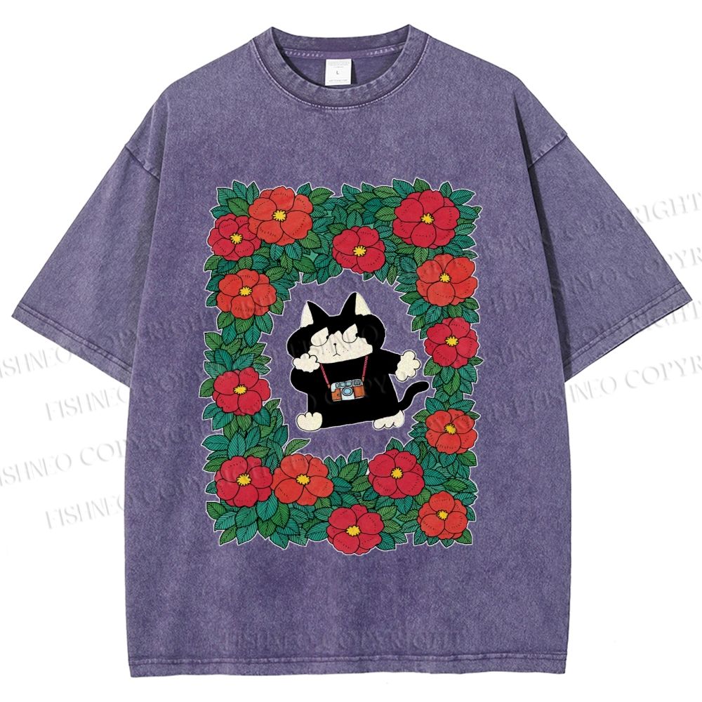 Unisex Black Cat in Flowers Printed Washed Tee
