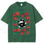 Unisex Black Cat in Flowers Printed Washed Tee