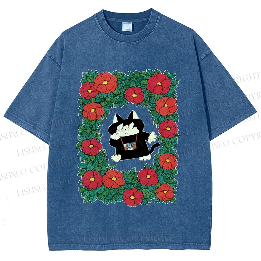 Unisex Black Cat in Flowers Printed Washed Tee