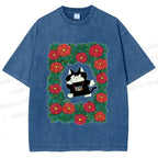 Unisex Black Cat in Flowers Printed Washed Tee
