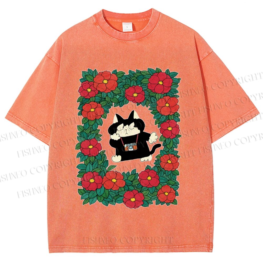 Unisex Black Cat in Flowers Printed Washed Tee