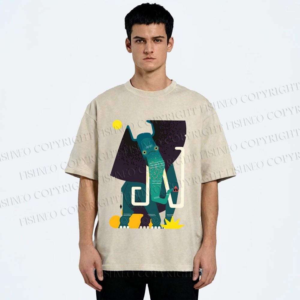 Unisex Elephant Printed Washed Tee
