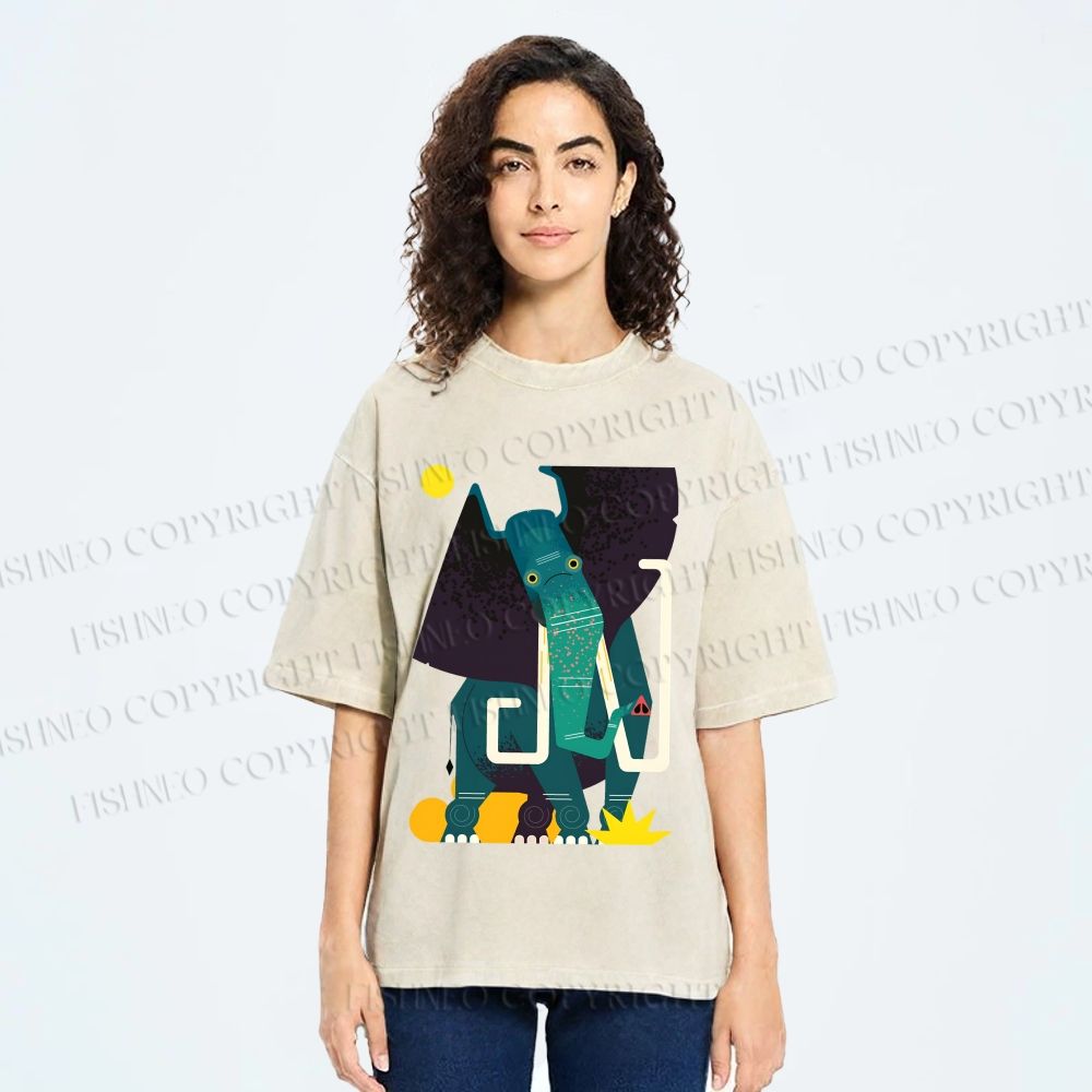 Unisex Elephant Printed Washed Tee