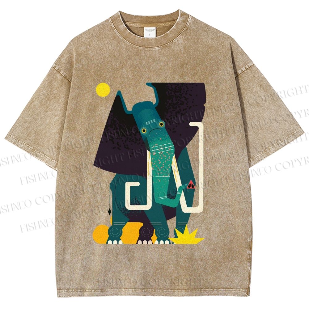 Unisex Elephant Printed Washed Tee