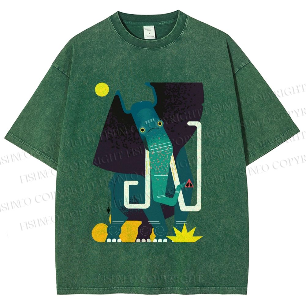Unisex Elephant Printed Washed Tee