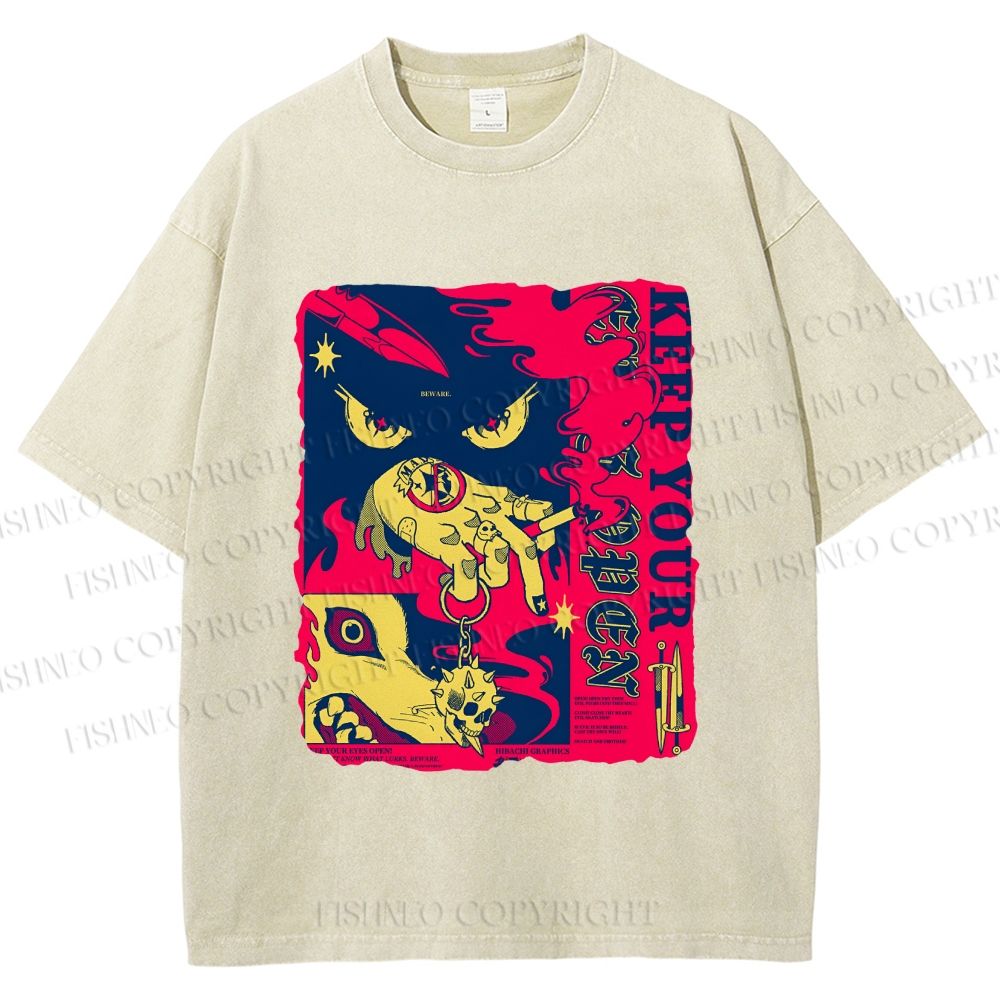 Unisex Keep Your Eyes Open Graffiti Printed Washed Tee