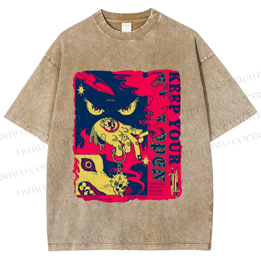 Unisex Keep Your Eyes Open Graffiti Printed Washed Tee