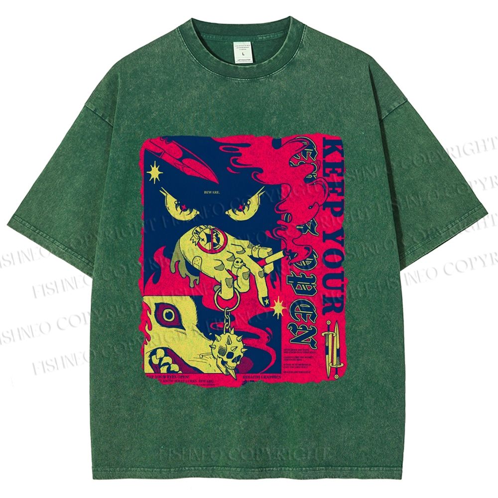 Unisex Keep Your Eyes Open Graffiti Printed Washed Tee