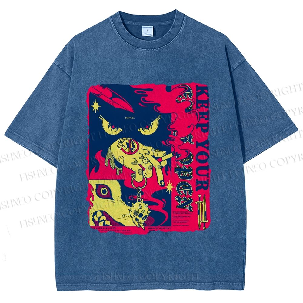 Unisex Keep Your Eyes Open Graffiti Printed Washed Tee