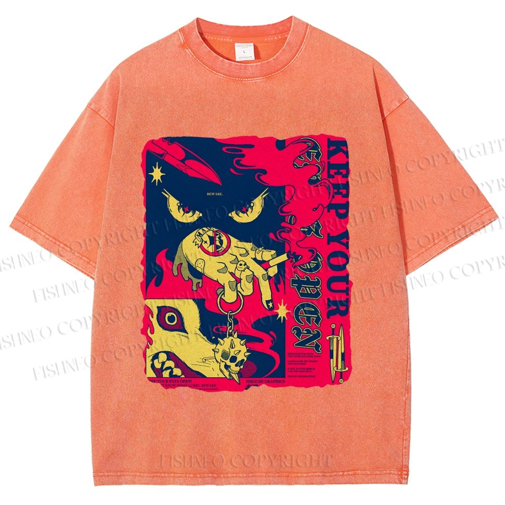 Unisex Keep Your Eyes Open Graffiti Printed Washed Tee