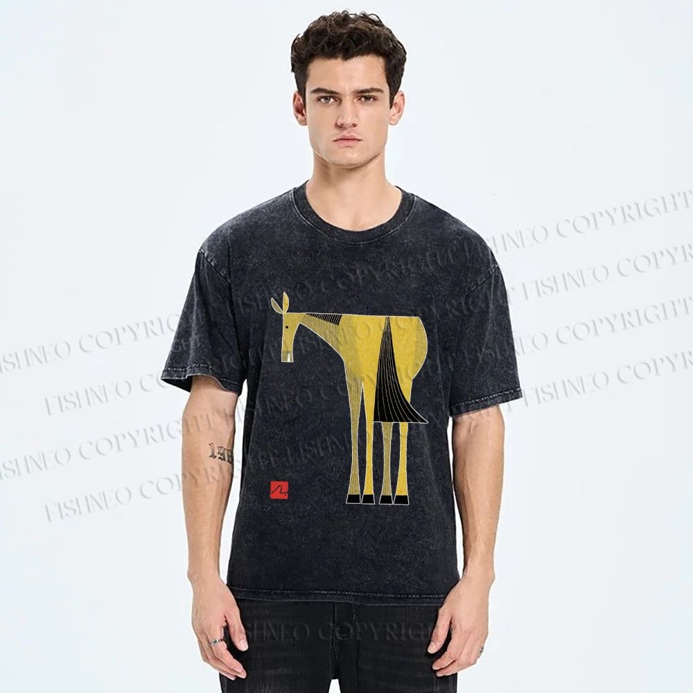 Unisex Yellow Horse Printed Washed Tee