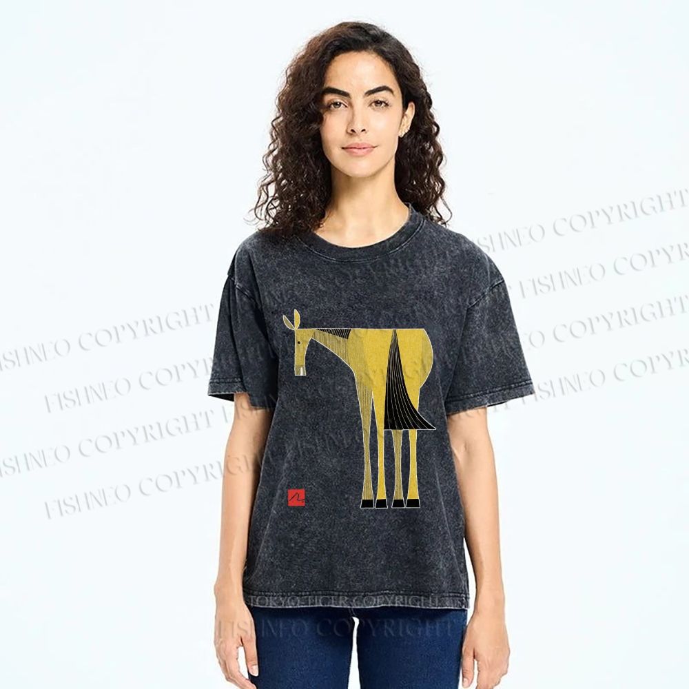 Unisex Yellow Horse Printed Washed Tee
