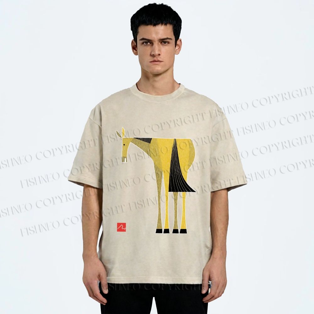 Unisex Yellow Horse Printed Washed Tee